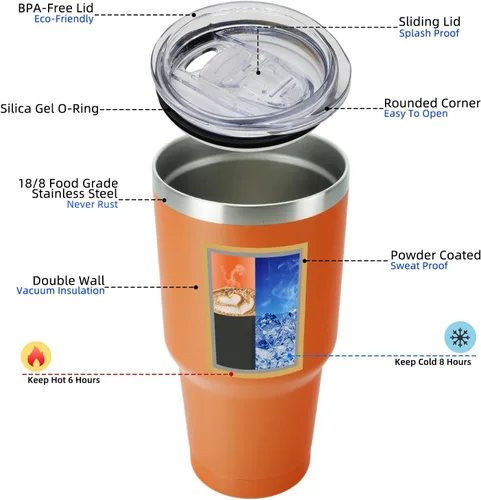 Miniatura 2 de BJPKPK Vaso aislado con tapa transparente abatible y pajilla, vaso de viaje reutilizable con aislamiento de acero inoxidable, naranja, 30 onzas