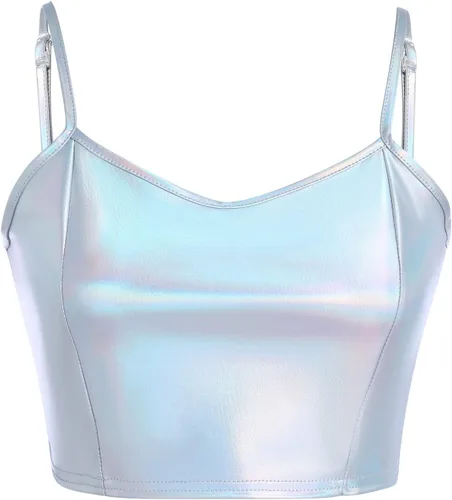 Top corto holográfico metálico brillante con hombros descubiertos para mujer, blusa de tubo para rave, casual, sin tirantes, chaleco básico sexy