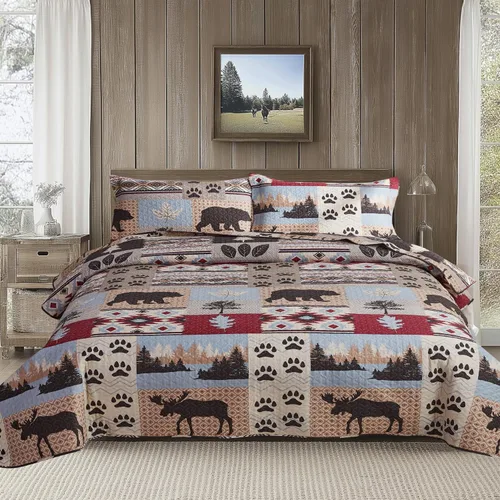 Miniatura 13 de Ycosy Juego de Edredón Rústico Lodge con Alce Ciervo Colcha Tamaño King Oso del Bosque Ciervo Edredón Verde Matcha Reversible Cubrecamas de Cabaña