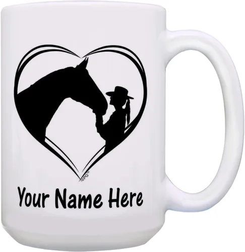 Taza de café con nombre personalizado de caballo de vaquera, regalo personalizado, taza de café de 15 onzas, taza de té, color blanco