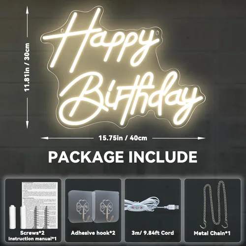 Miniatura 5 de Letreros de neón de feliz cumpleaños para decoración de fiesta, luz LED de neón regulable para decoración de pared, letreros LED de feliz cumpleaños