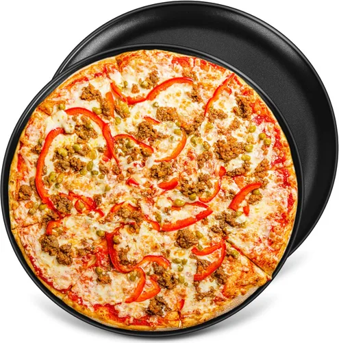 Miniatura 12 de P&P CHEF Juego de 2 moldes para pizza, bandeja de pizza de acero inoxidable, plato redondo para pizza de pastel, galletas, pasteles, no tóxicos