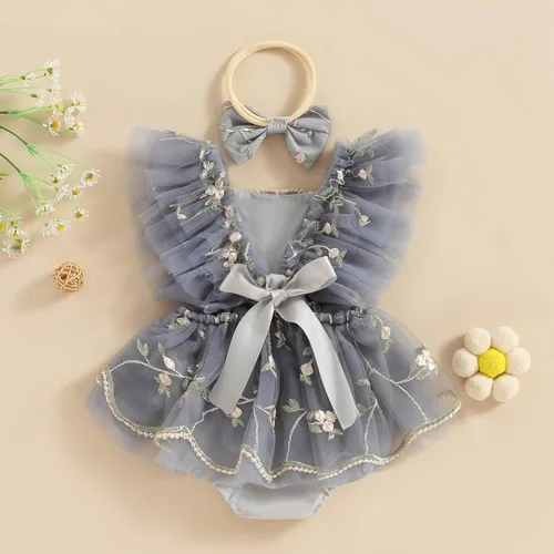 Miniatura 3 de Comoraecos Vestido mameluco de encaje floral para bebé, vestido de princesa con bordado de tutú y mangas para atar, sin espalda, vestido de princesa