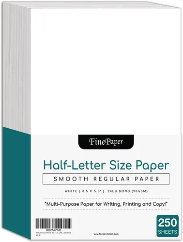 Hojas de tamaño media carta: papel de copia de 8.5 x 5.5 pulgadas, hojas de notas blancas, papel grueso de 24 libras, 250 hojas por paquete (8.5 x
