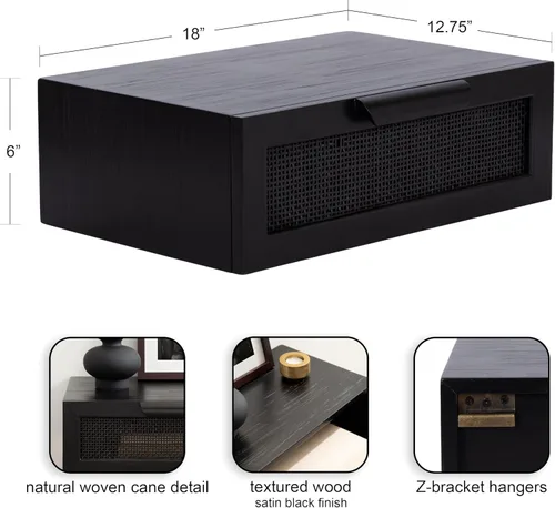 Miniatura 3 de Kate and Laurel Ori Modern Cane - Mesa auxiliar flotante de bastón, 18 x 13 x 6 pulgadas, color negro, estante de pared de ratán montado con cajón