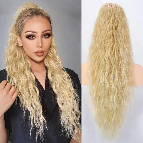 Miniatura 10 de Extensión de cola de caballo con cordón, extensión de cola de caballo larga y rizada para mujeres negras, extensiones de cabello negro de 26