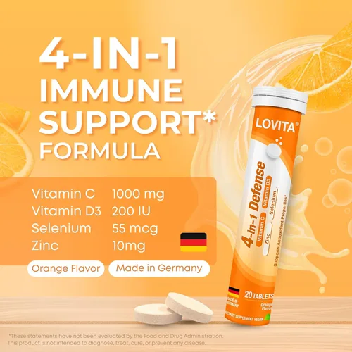 Miniatura 2 de LOVITA Comprimidos efervescentes de apoyo inmunológico 4 en 1 de defensa de vitamina C, 20 unidades, VIT D3, zinc, selenio, soporte antioxidante
