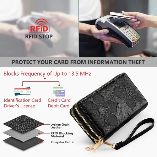 Miniatura 4 de Espera Cartera de mujer con bloqueo RFID de gran capacidad, tarjetero con doble cremallera, de cuero, con cartera para mujer con correa