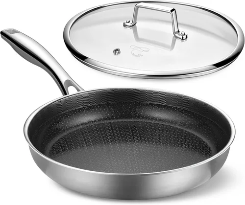 PekGema Hybird - Sartén antiadherente con tapa de 12 pulgadas, sartén de acero inoxidable, sartén de cerámica antiadherente apta para horno, lista