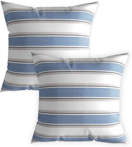 Miniatura 8 de 2 Piezas Fundas de Almohada Azul Marino Blanco a Rayas de Lino Suave Cuadradas Funda de Almohada Decorativa para Sofá con Cierre Oculto - 30,5 x
