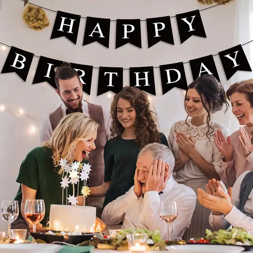 Miniatura 4 de Hooqict Cartel de feliz cumpleaños negro para telón de fondo, decoraciones de cumpleaños negras para hombres y mujeres, suministros de fiesta