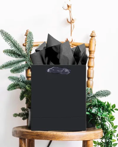 Miniatura 7 de qiqee 24 bolsas de regalo negras con papel de seda para bodas, cumpleaños, suministros de fiesta, bolsas de regalo de cartón de tamaño mediano