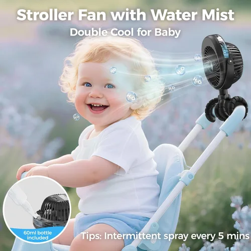 Miniatura 2 de Ventilador de cochecito de bebé con nebulización actualizado 2026, clip de trípode flexible para cuna de asiento de automóvil, regalos de baby