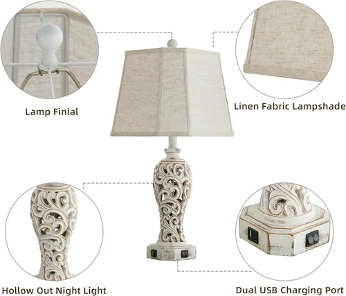 Miniatura 7 de Lámpara de mesa de granja de 25 pulgadas para sala de estar y dormitorio, lámpara de noche de diseño rústico vintage con 2 puertos USB y luz