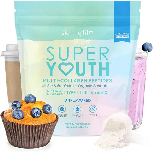 SkinnyFit - Colágeno Super Youth para Mujeres - Polvo de Péptidos de Multicolágeno - Probióticos, Fibra, Ácido Hialurónico - Sin OGM, Sin Gluten,