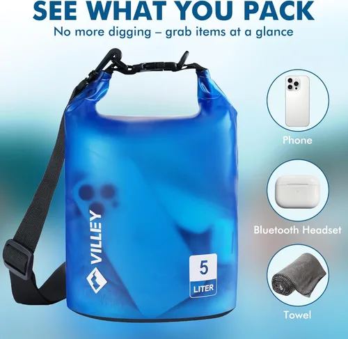 Miniatura 4 de VILLEY Bolso seco impermeable de 1.32 galones, saco enrollable que mantiene el equipo seco, ligero, para kayak, navegación, camping, natación y Azul