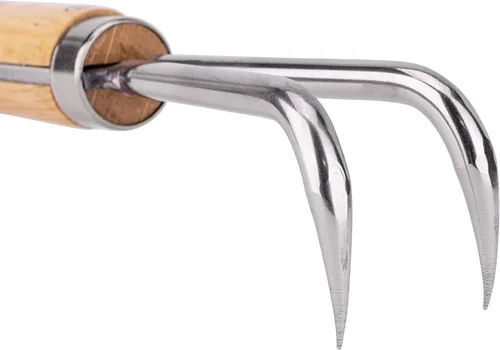 Miniatura 3 de Nisaku NJP956 Nekaki Nihondume - Cultivador manual de doble garra, longitud de dientes de acero inoxidable japonés, 1.5 pulgadas, mango de madera