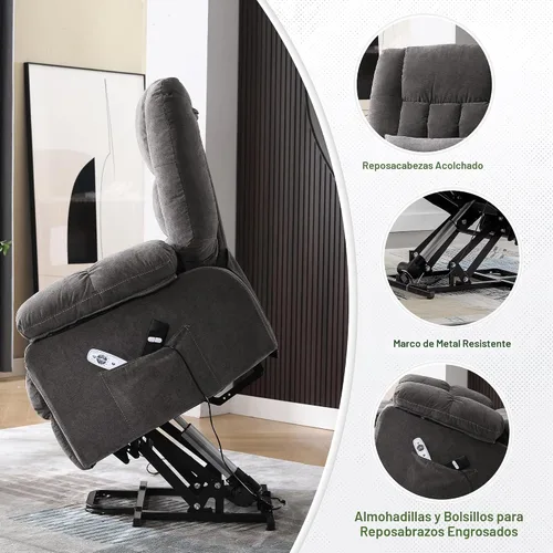 Miniatura 6 de BOSMILLER Silla reclinable eléctrica con masaje y calor para ancianos, silla elevadora eléctrica con carga USB y bolsillos laterales, adecuada