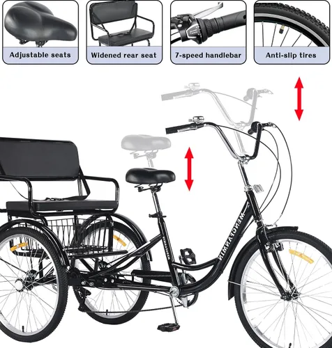 Miniatura 2 de Triciclo para adultos de 7 velocidades, triciclo para adultos con asiento trasero para damas, bicicletas de 3 ruedas de 24 pulgadas, triciclo