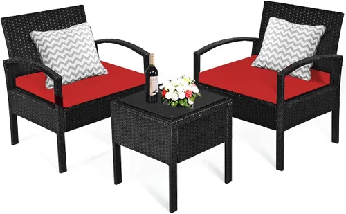 Miniatura 9 de Tangkula Juego de 3 piezas para conversación de patio, juego de sofá de ratán para exteriores con cojines de asiento y mesa auxiliar, juego de Rojo