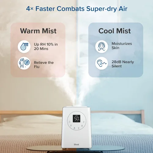 Miniatura 8 de LEVOIT Humidificadores evaporativos para dormitorio de bebé, filtros dobles de aire y agua, sensor separado, sin luz azul para luz nocturna de Blanco
