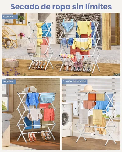 Miniatura 7 de APEXCHASER Tendedero de Ropa Plegable - Tendedero de Lavandería de 3 Niveles para Ropa, Secadora de Ropa de Metal Expandible, Toallero Plegable