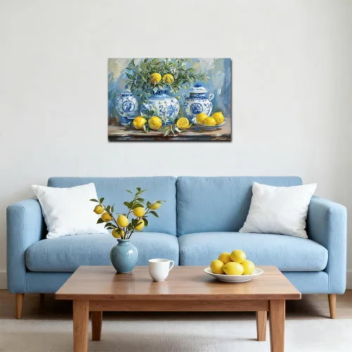 Miniatura 5 de SWQYLB Arte de pared de limón para cocina, cuadro vintage de frutas cítricas, impresiones en lienzo amarillo limón con cerámica azul, pintura