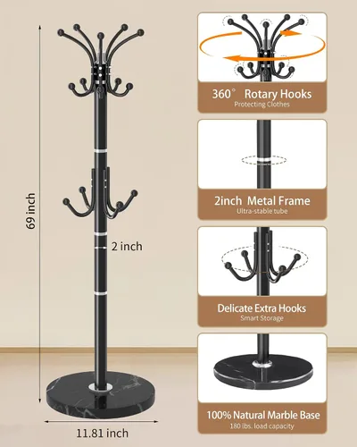 Miniatura 3 de Soporte Moderno para Abrigeros, Perchero Giratorio de 360° de Metal Independiente con Base de Mármol Natural, Perchero de Abrigos Negro y Árbol
