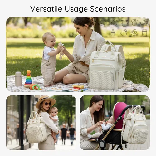 Miniatura 3 de AIJIEKE Bolsa de pañales, mochila grande para pañales de bebé de gran apertura, bolsa de viaje multifuncional para bebé, bolsa de pañales con Beige