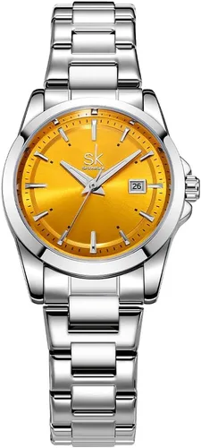 SHENGKE Relojes minimalistas de cuarzo para mujer con pulsera de acero inoxidable y esfera de color de moda