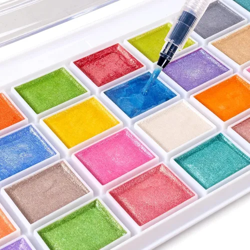 Miniatura 4 de Pintura de acuarela, 28 colores metálicos, lavable, juego de pintura de acuarela con un pincel, un bolígrafo y paleta de pincel de agua recargable