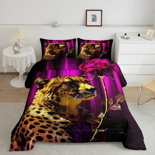 Miniatura 11 de Erosebridal Juego de ropa de cama de guepardo con rosa azul, juego de edredón con estampado de leopardo y gato, edredón romántico de plumón