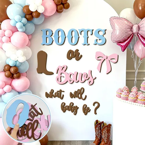 Miniatura 9 de Adhesivos de madera para señalización de revelación de género, arco de globos "¿Qué será el bebé?", botas o lazos, suministros de decoración