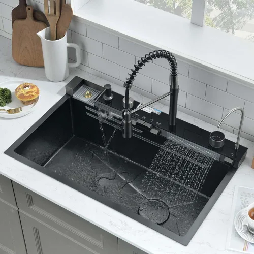 Miniatura 3 de Fregadero de cocina de cascada negro de 30 pulgadas con grifo extraíble, fregadero de cascada de 30 x 18 pulgadas, pantalla digital negra