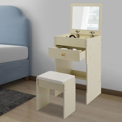Miniatura 3 de Escritorio de tocador 3 en 1 con espejo, tocador compacto de 15.8 pulgadas con tapa abatible, mesa de maquillaje de nogal negro con taburete