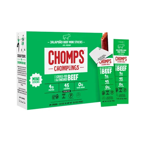 Chomps Palitos de Carne Seca de Res con Jalapeño de Ganado Alimentado con Pasto y Terminado Tamaño Snack 0.5oz Paquete de 24 - Keto, Paleo, Whole30,