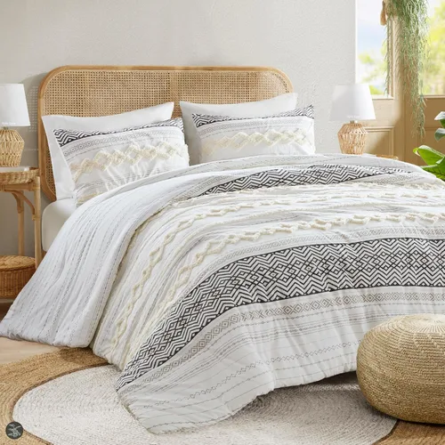 Miniatura 8 de Hyde Lane Juego de edredón bohemio tamaño Queen, ropa de cama moderna tamaño Full estilo casa de campo, parte superior de algodón con rayas jacquard