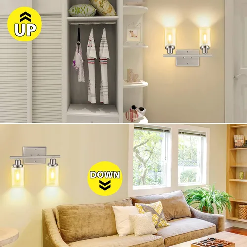 Miniatura 2 de Ascher Apliques de pared de 2 luces, moderna lámpara de tocador con pantalla de vidrio transparente, lámpara de pared de níquel cepillado para Tubo