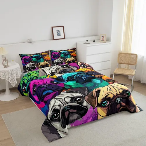 Miniatura 3 de Juego de edredón con diseño de Pug encantador, juego de cama con dibujos de perros Pug coloridos para niños y niñas, edredón de plumón con 1 edredón
