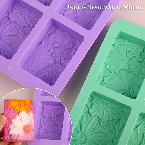Miniatura 4 de HUAKENER Paquete de 2 moldes de silicona para jabón, molde rectangular para hacer jabón, moldes de silicona con patrón de flores rectangulares 3D