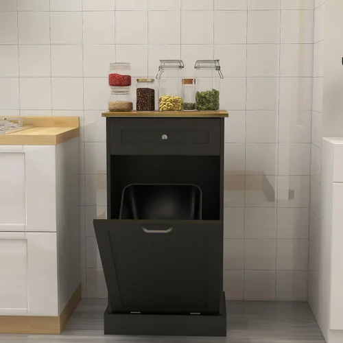 Miniatura 14 de RASOO Gabinete de basura de doble inclinación hacia fuera, cesta de lavandería independiente de madera con 2 cajones, cubo de basura de cocina