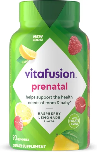 vitafusion PreNatal Gummy Vitamins, sabor a limonada de frambuesa, suplemento vitamínico prenatal para mujeres con folato y DHA, suministro para 45