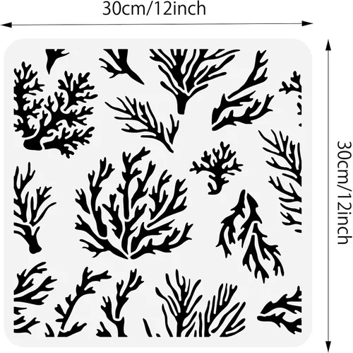 Miniatura 2 de BENECREAT Plantilla de coral, plantillas de plástico reutilizables de 12 x 12 pulgadas, patrón de plantas marinas, plantilla de pintura para diario