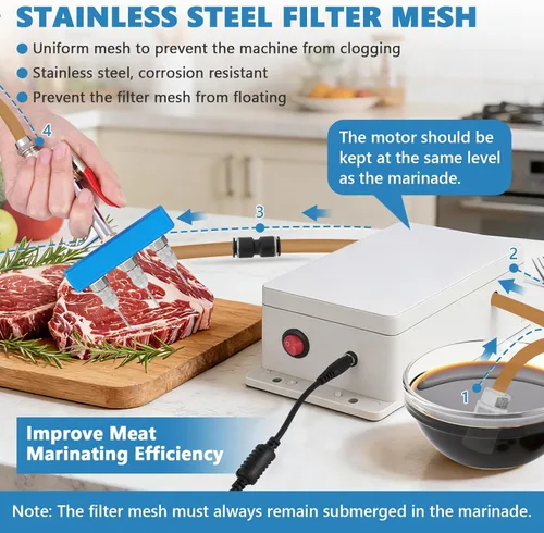 Miniatura 5 de Bomba eléctrica de inyección de carne con manguera, inyector eléctrico de marinada de acero inoxidable, jeringa de carne de 50 W, pistola individual