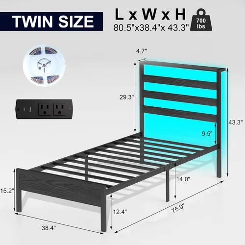 Miniatura 2 de J.Fkne Marco de cama individual con cabecero, cama de plataforma con LED y estación de carga, listones de metal resistentes, no necesita somier, sin