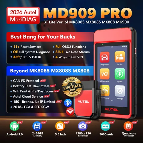 Miniatura 2 de Autel MD909 PRO MaxiDiag OBD2 escáner, 2026 MD909PRO BT Lite de MaxiCOM MK808S MX808S MK900, CAN FD, herramienta de diagnóstico para todos