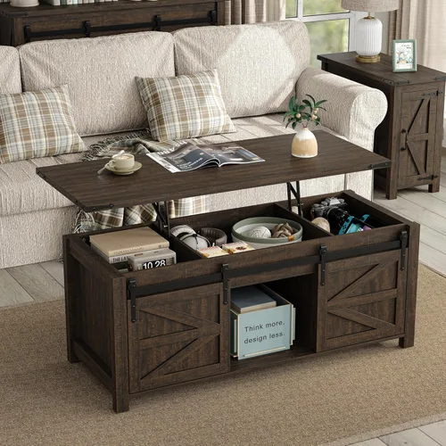 Miniatura 11 de Furnihold Mesa auxiliar de 47.3 pulgadas con almacenamiento, mesa de centro de madera de granja con parte superior elevable, puertas corredizas