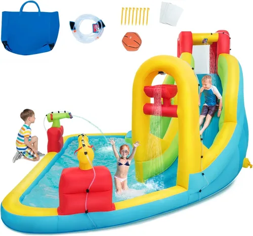 Miniatura 7 de BOUNTECH - Juego inflable 7 en 1, con tobogán acuático, pared de escalada, cañones de agua, aro de baloncesto, alberca poco profunda, incluye bolsa