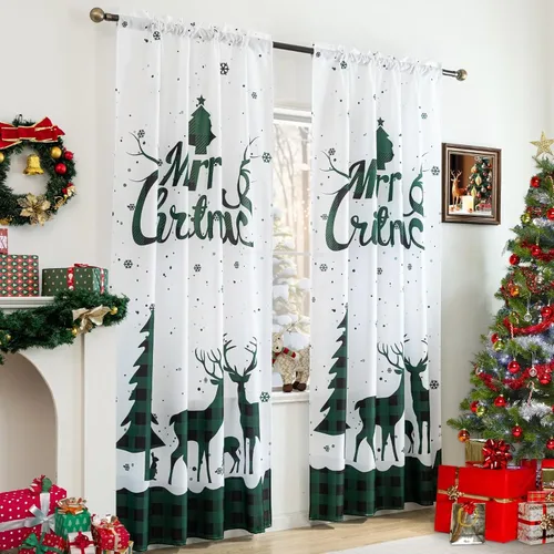 Miniatura 2 de Cortinas navideñas para sala de estar, cortina de ciervo de Navidad a rayas tartán, bolsillo para barra, cortinas decorativas para dormitorio