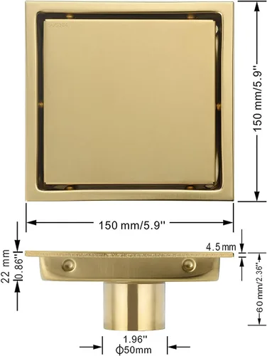 Miniatura 6 de Desagüe de ducha cuadrado dorado cepillado de 6 pulgadas, con cubierta de rejilla extraíble, forma oculta, acero inoxidable SUS304 Negro mate
